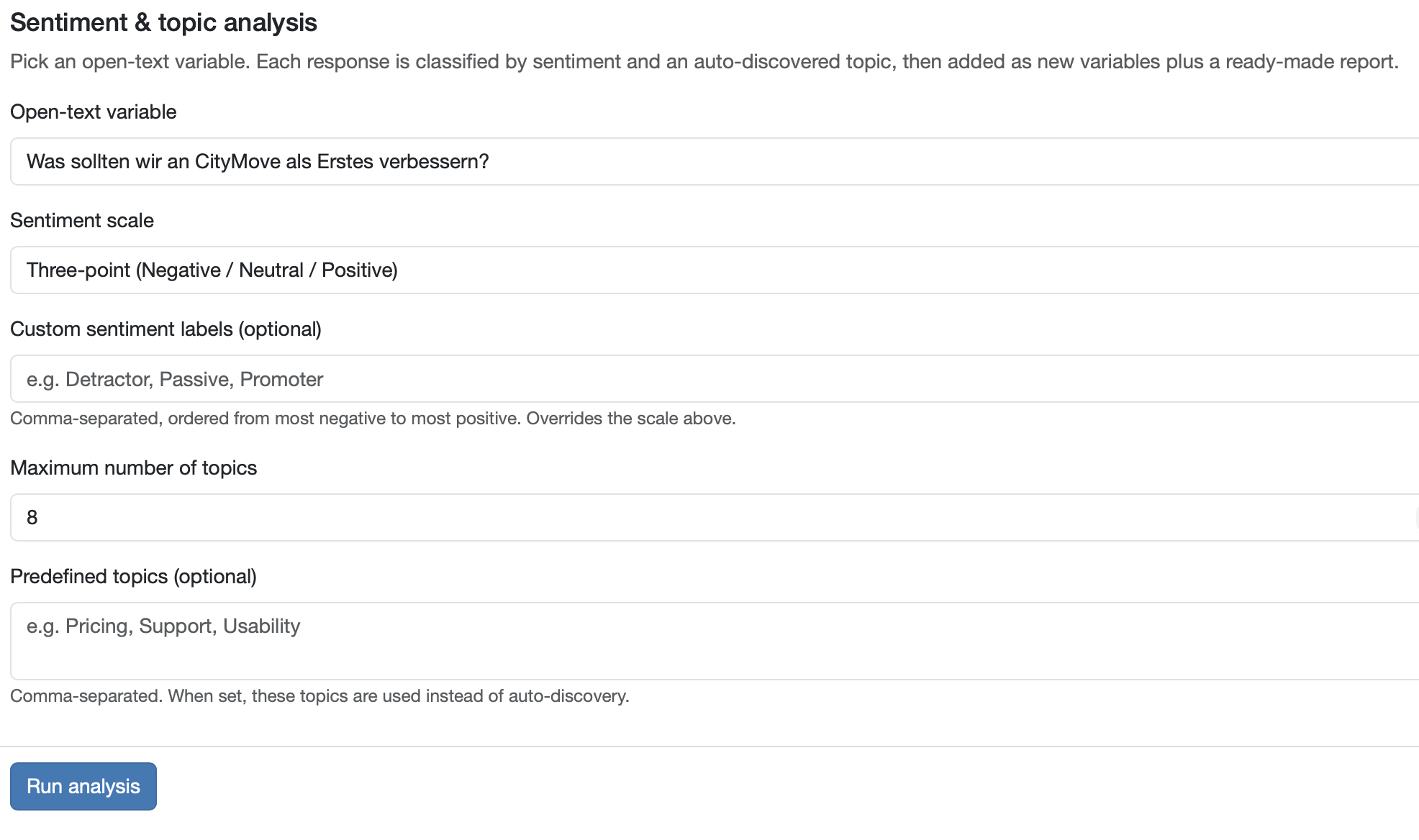 Einrichtungsdialog „Sentiment- & Themenanalyse" in DataLion: Freitext-Variable, Sentiment-Skala, eigene Labels, maximale Themenzahl und vordefinierte Themen