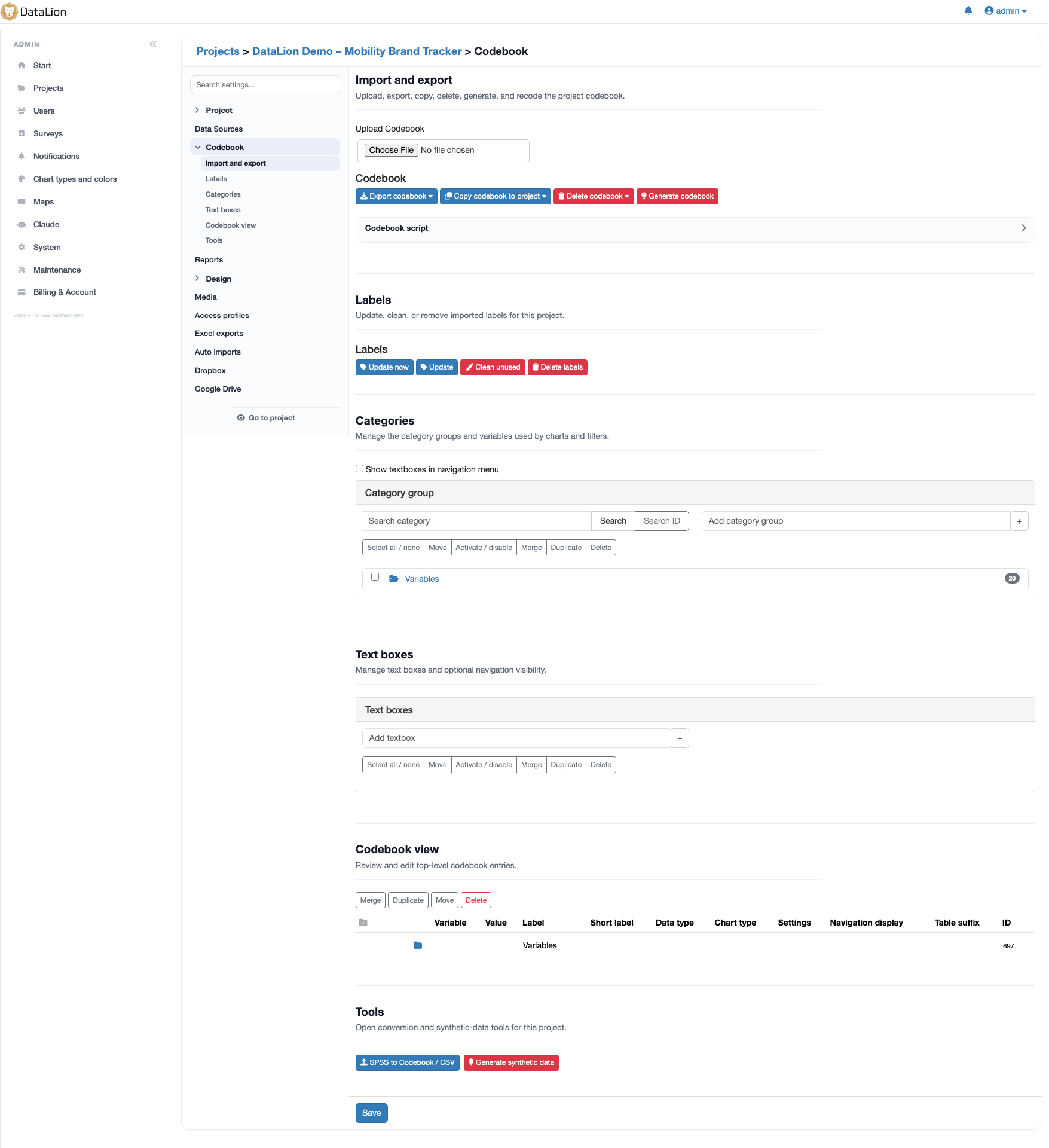 Codebook-Editor in DataLion: Import/Export, Labels, Kategorien und Codebook-Tabelle mit Variablen, Wertelabels, Charttypen und Navigation