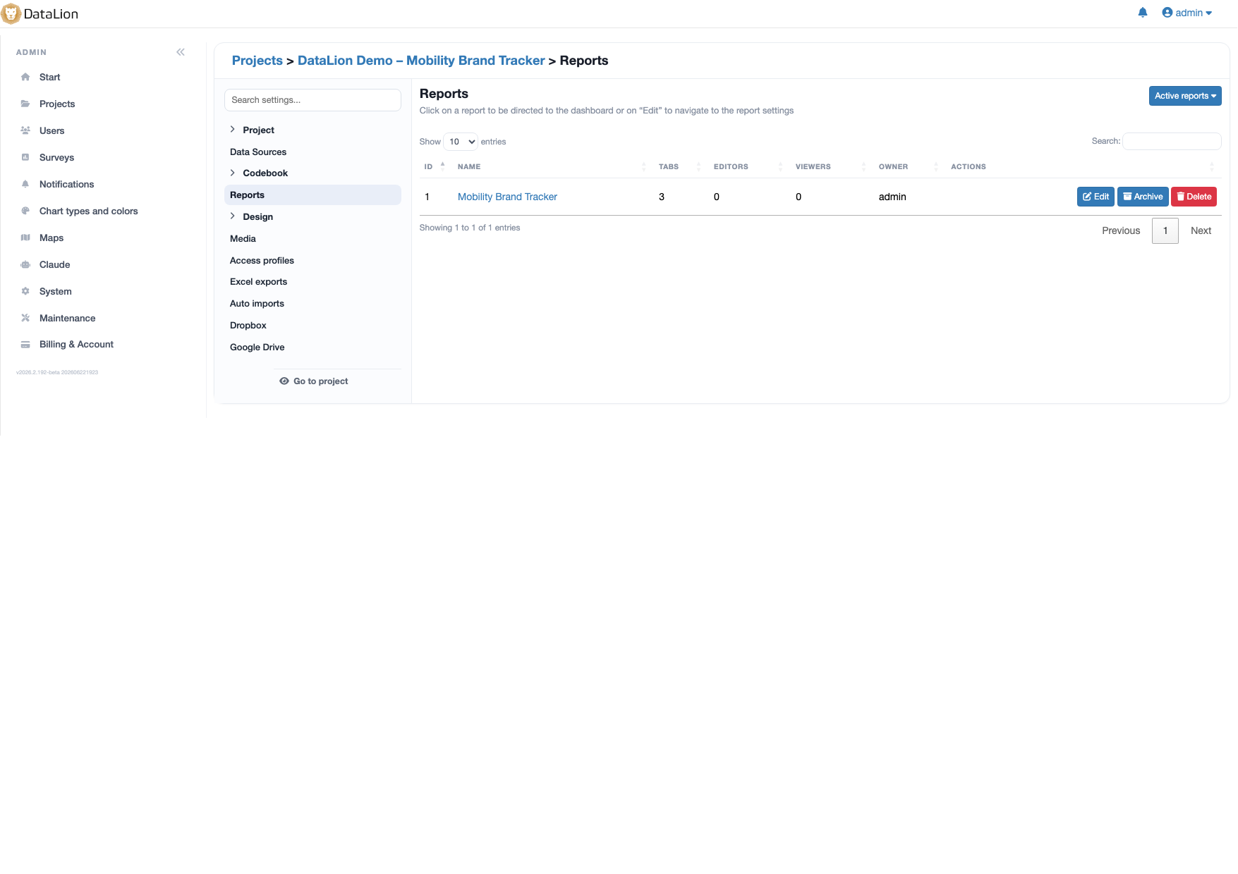 DataLion-Report mit mehreren Tabs und Widgets aus einer Markenbekanntheits-Studie