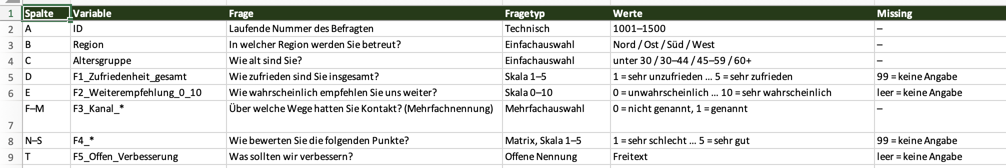 Codebook-Blatt in Excel mit den Spalten Spalte, Variable, Frage, Fragetyp, Werte und Missing für alle Variablen der Beispieldatei