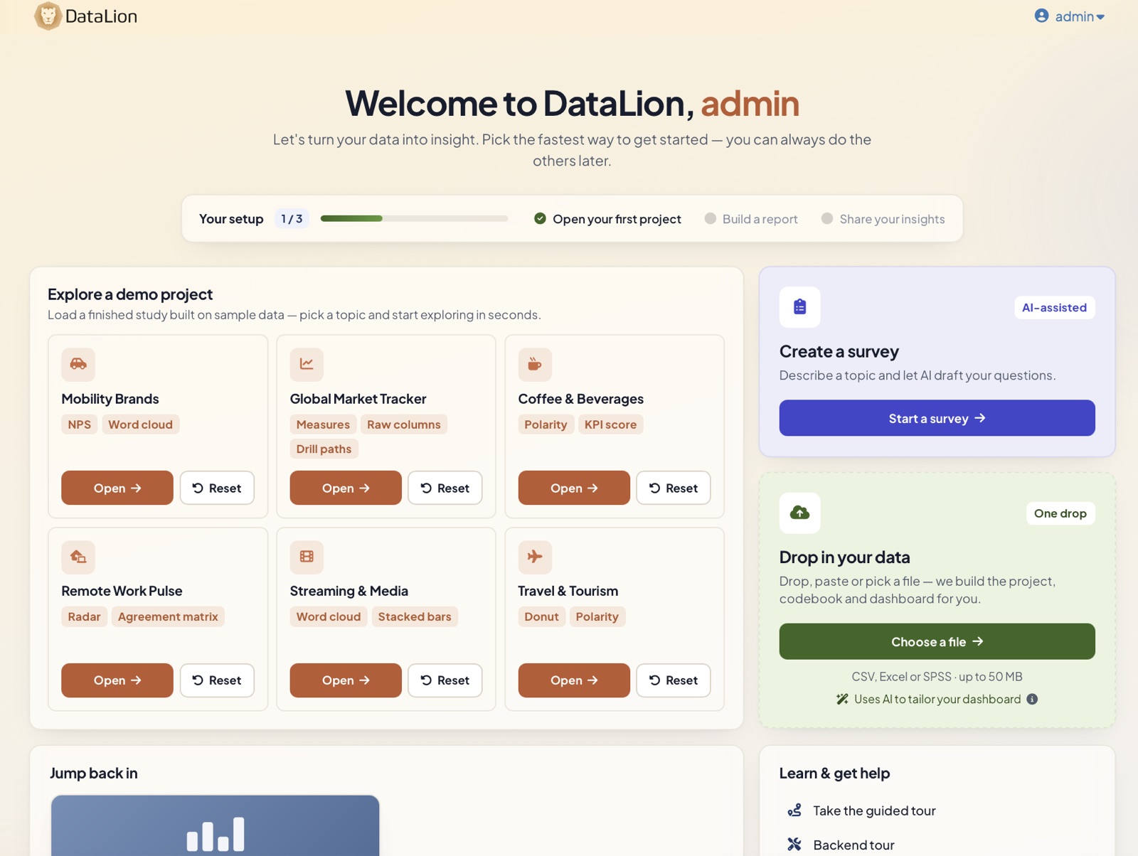 The redesigned DataLion start page with a demo gallery, a create-a-survey card and a drop-your-data card