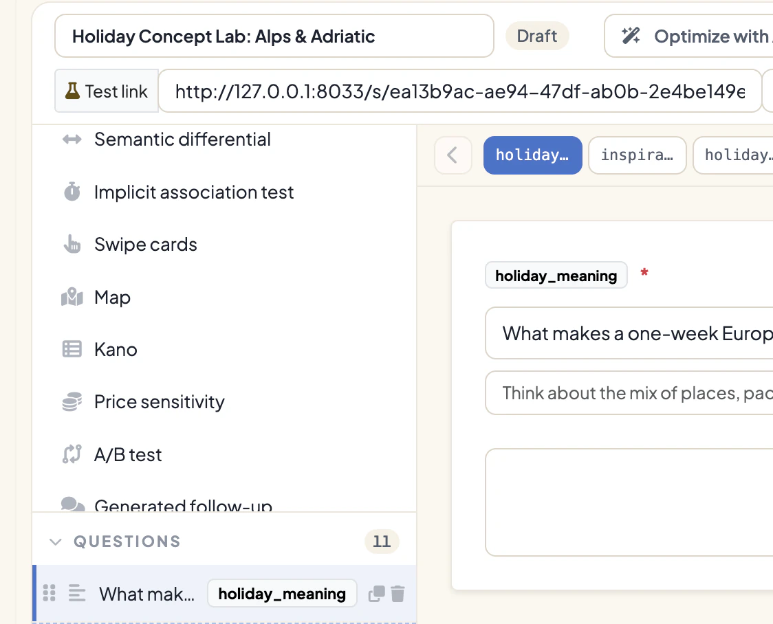 DataLion-Fragetypen im Fragebogen-Editor: semantisches Differential, IAT, Swipe Cards, Karte, Kano, Preissensitivität, A/B-Test und generierte Folgefrage
