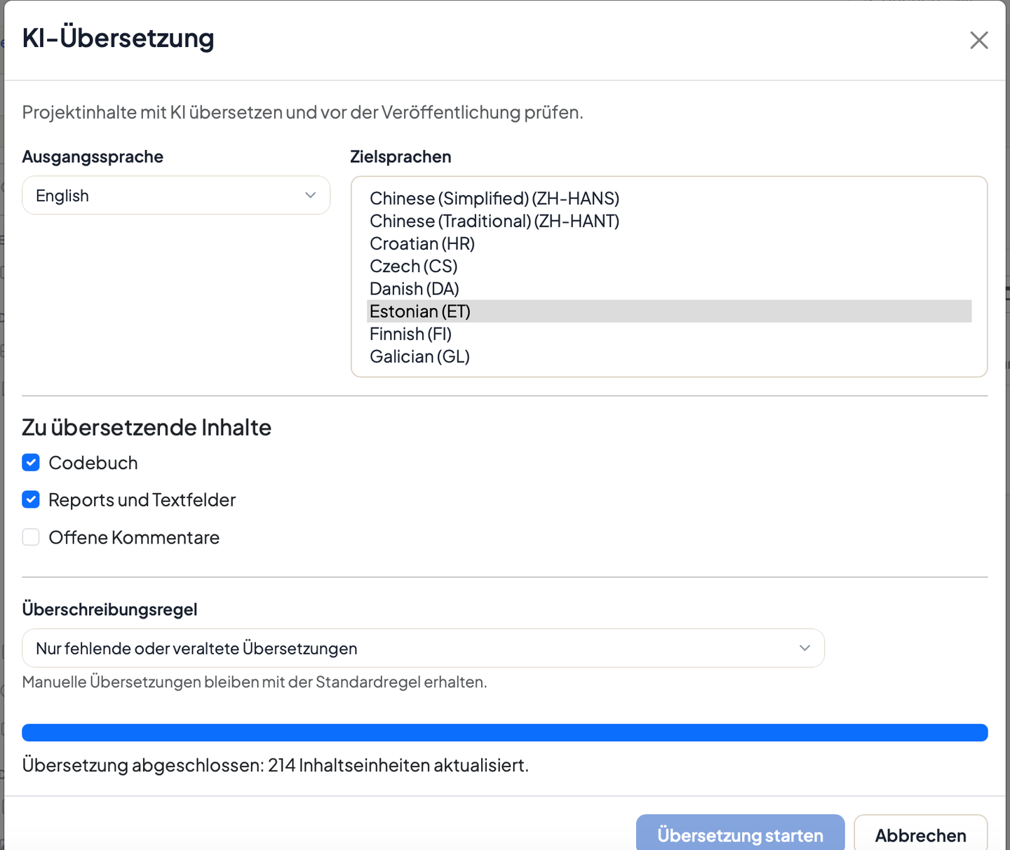 Dialog „KI-Übersetzung" in DataLion: Ausgangssprache Englisch, Zielsprache Estonian ausgewählt, Inhalte Codebuch und Reports angehakt, Meldung „Übersetzung abgeschlossen: 214 Inhaltseinheiten aktualisiert"