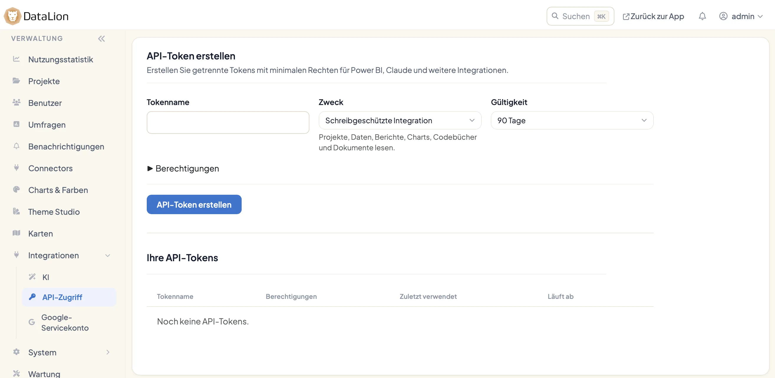 En Integraciones → Acceso API, DataLion crea tokens separados con permisos mínimos (interfaz en alemán)