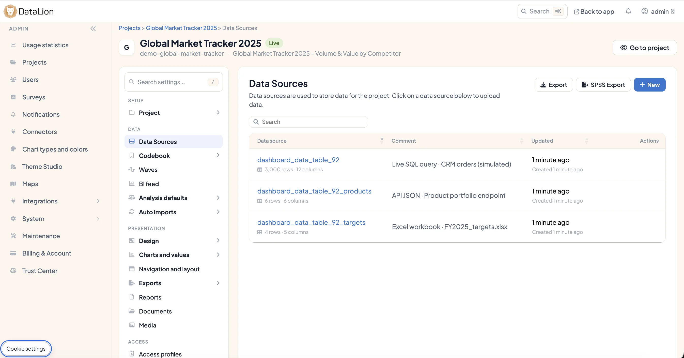 Fuentes de datos de un proyecto de DataLion, incluida una base conectada mediante una consulta SQL en vivo