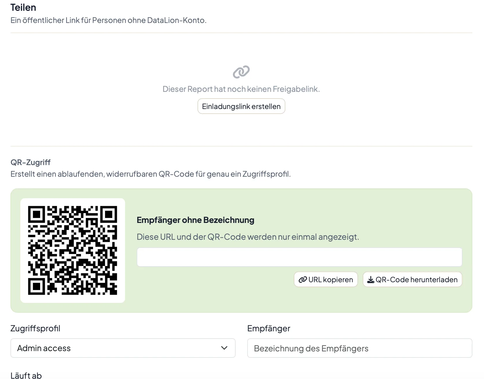 La sección de acceso QR en el editor de informes de DataLion, con código QR, selección de perfil de acceso, destinatario y fecha de caducidad (interfaz en alemán)