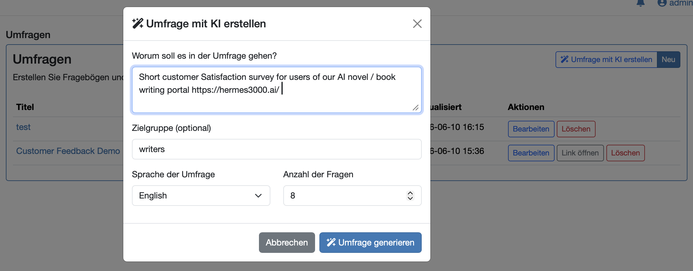 Dialog „Umfrage mit KI erstellen“: Thema, Zielgruppe, Sprache und Fragenanzahl – ein Klick auf „Umfrage generieren“
