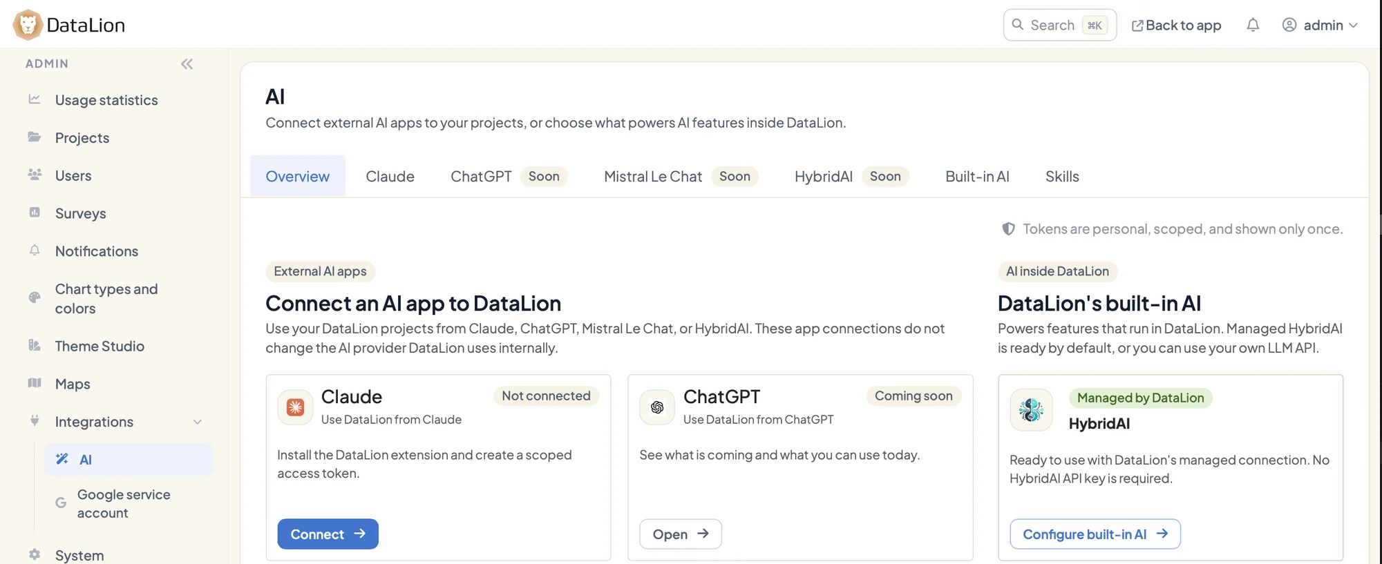The DataLion AI hub under Admin → AI with the tabs Overview, Claude, ChatGPT, Mistral Le Chat, HybridAI, Built-in AI and Skills