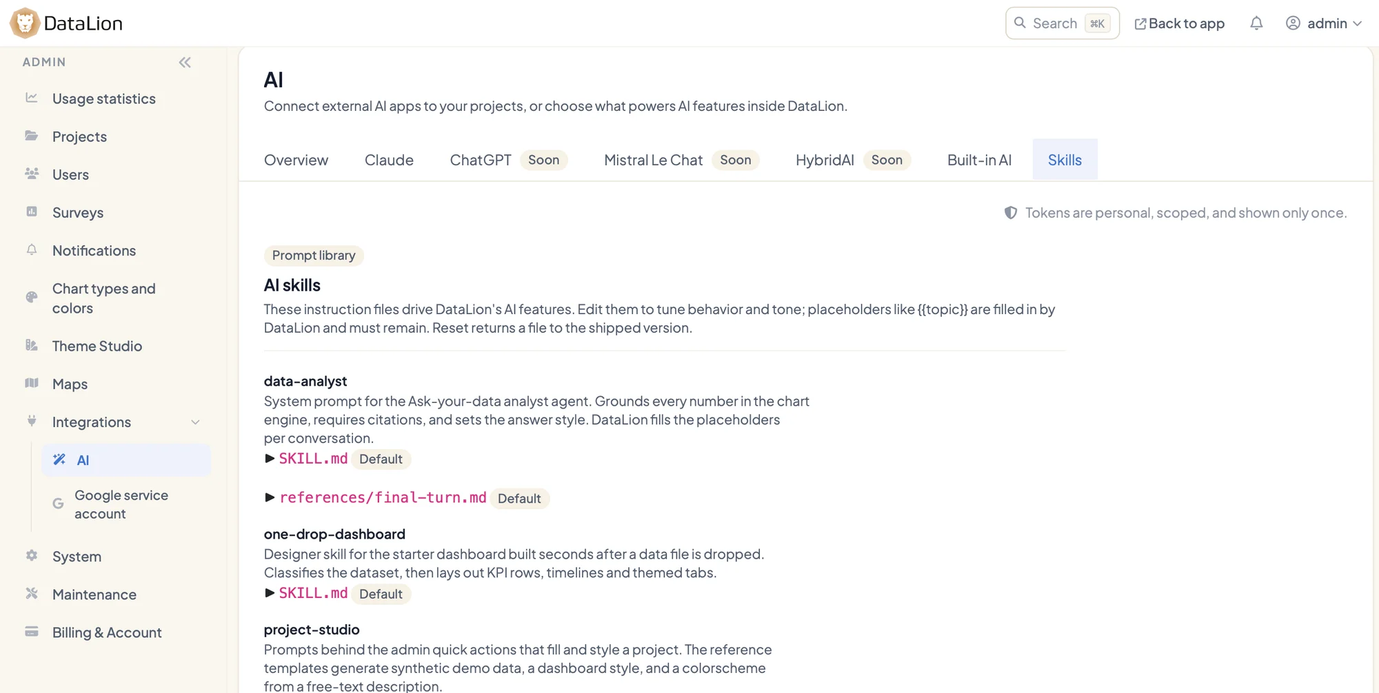 The Skills tab in the DataLion AI hub showing the editable instruction files data-analyst, one-drop-dashboard and project-studio