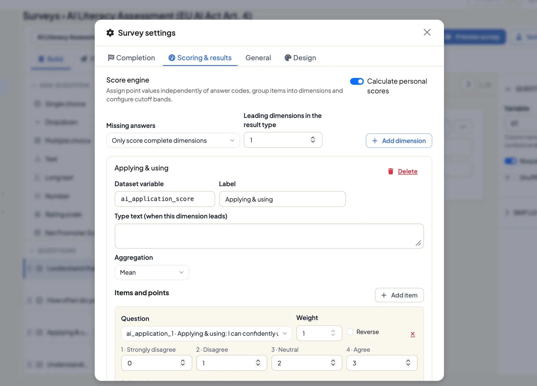 Der Scoring-Editor in den DataLion-Umfrage-Einstellungen mit Score-Engine, Dimensionen, Aggregation sowie Items und einem Punktwert je Antwortstufe