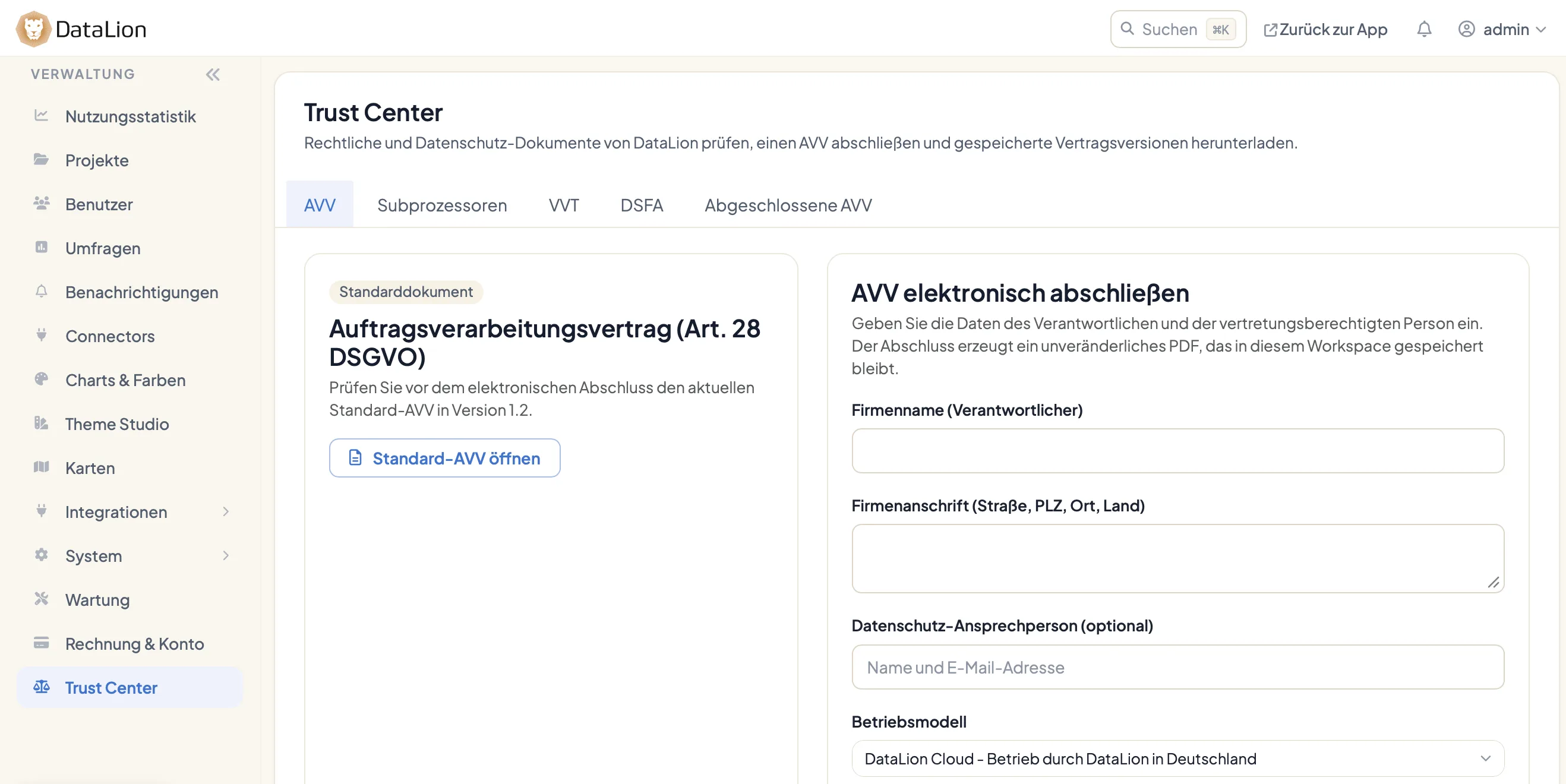 Das DataLion Trust Center mit den Reitern AVV, Subprozessoren, VVT, DSFA und Abgeschlossene AVV sowie dem Formular für den elektronischen AVV-Abschluss
