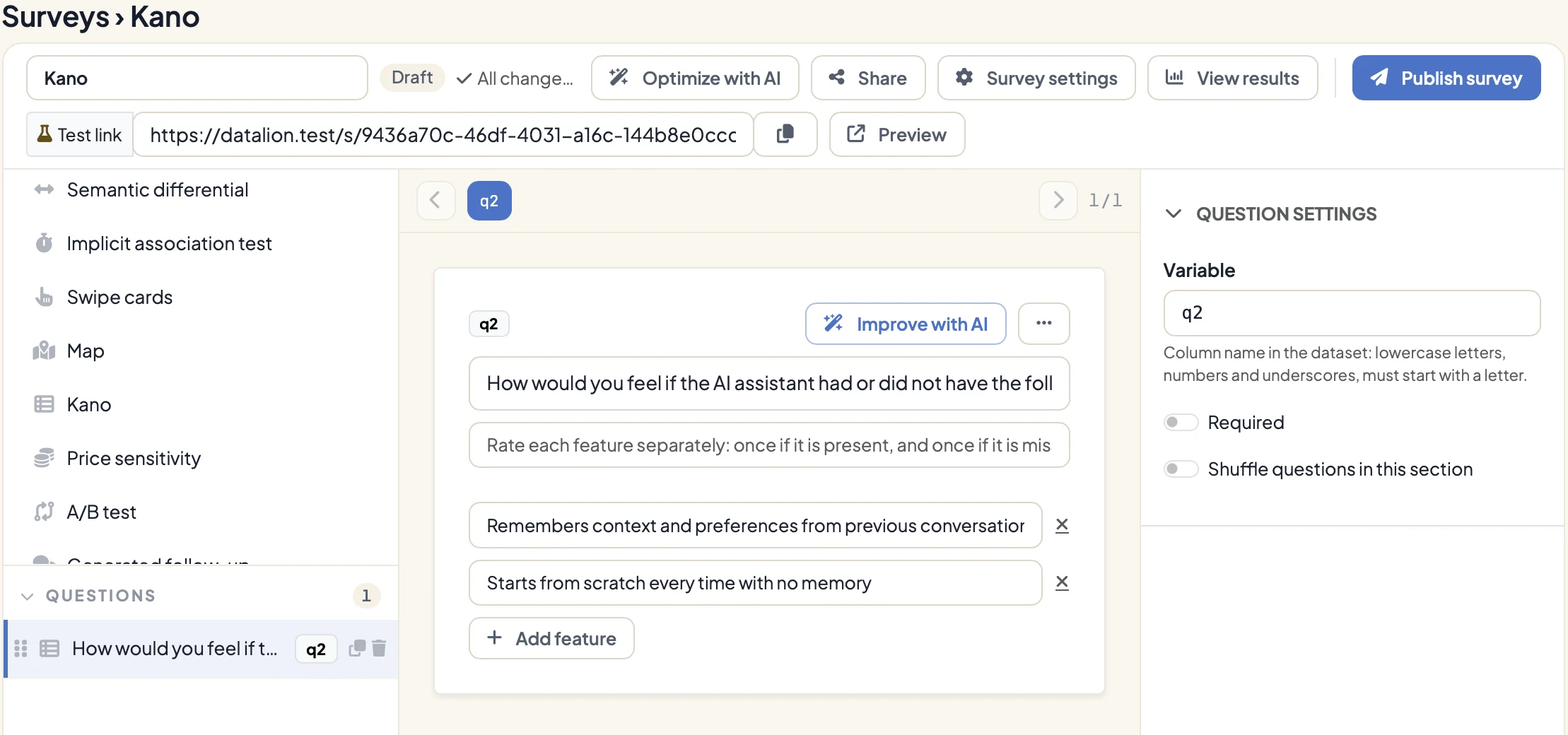 Kano question in the DataLion editor with question wording, features and question settings