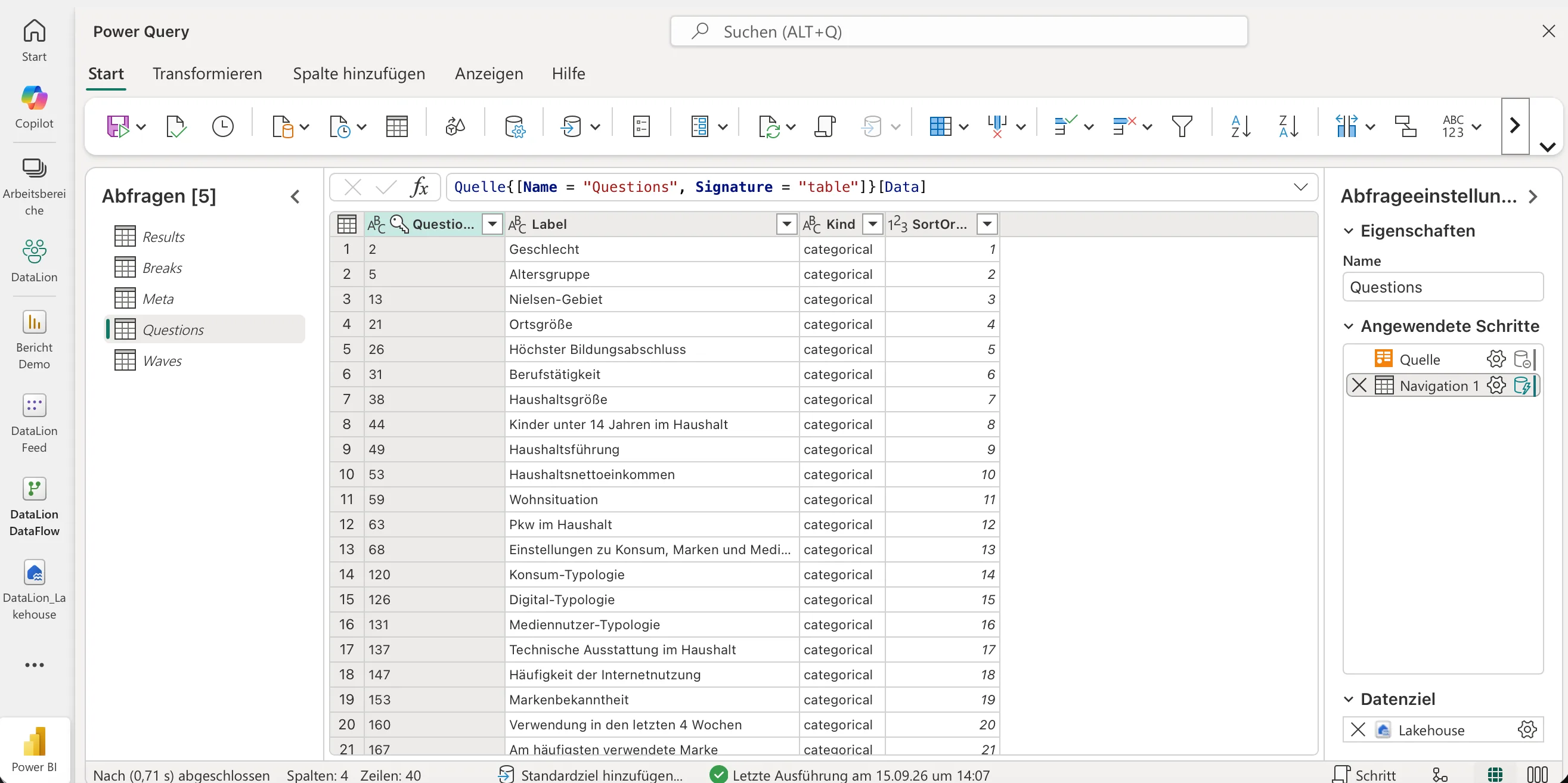 Dataflow Gen2 in Microsoft Fabric mit den fünf Feed-Tabellen als Abfragen. Questions zeigt die Fragen des Projekts mit Art und Reihenfolge, Ziel ist ein Lakehouse