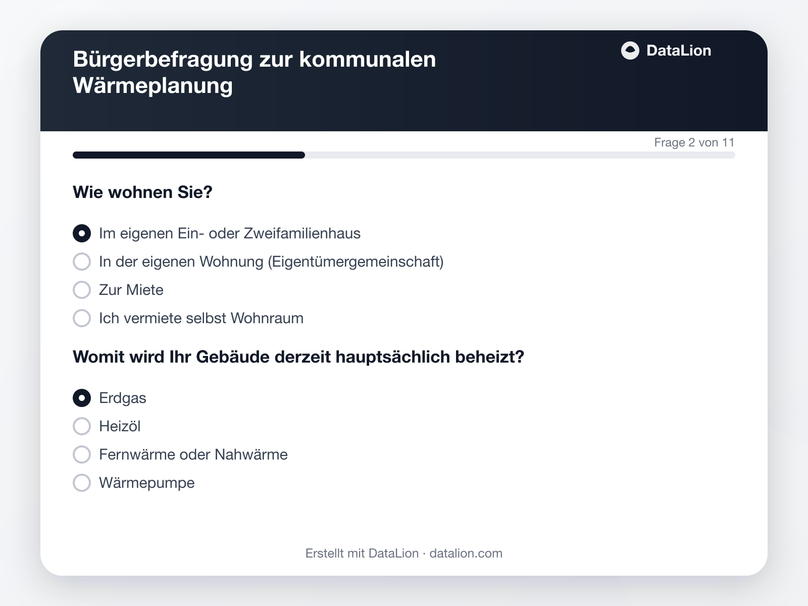 Bürgerbefragung zur kommunalen Wärmeplanung: Fragebogen-Muster (PDF) und Auswertung je Eignungsgebiet