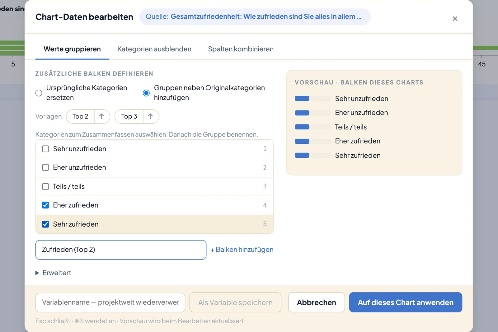 Dialog Chart-Daten bearbeiten mit der Gesamtzufriedenheit: Eher zufrieden und Sehr zufrieden sind ausgewählt und werden als zusätzlicher Balken Zufrieden (Top 2) angelegt