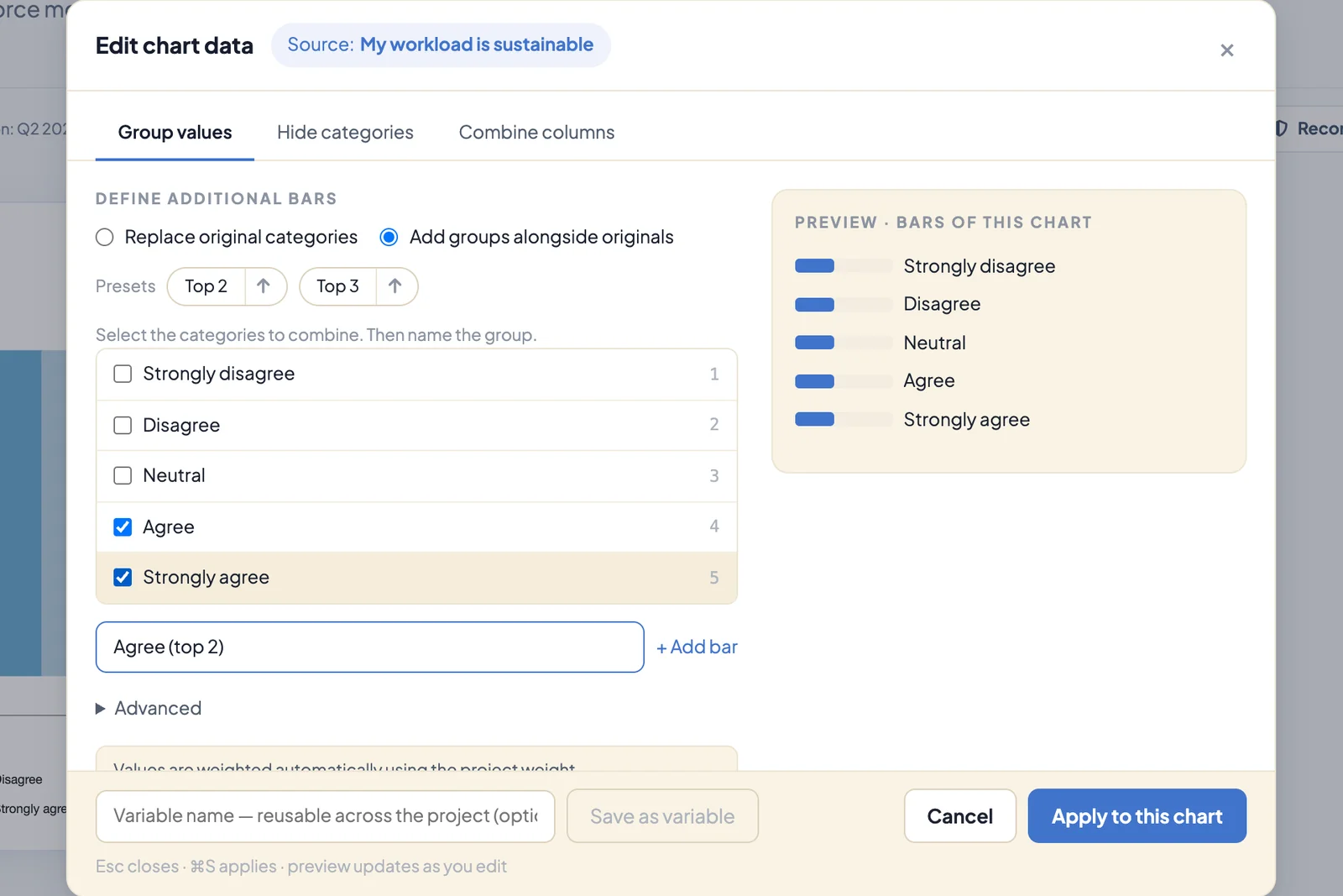 Edit chart data dialog for the statement My workload is sustainable: Agree and Strongly agree are selected and added as an extra bar named Agree (top 2)