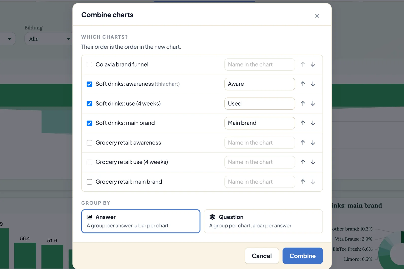 Combine charts dialog with three charts selected, Group by Answer chosen and a short name for each chart