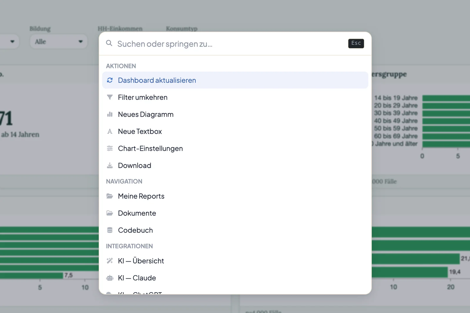 Geöffnete Befehlspalette über einem Dashboard der Markt-Media-Studie mit den Abschnitten Aktionen, Navigation und Integrationen