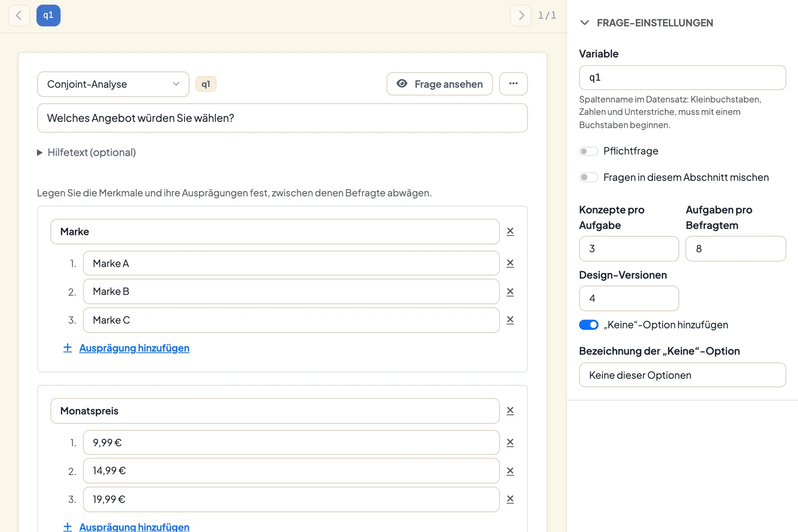 Conjoint-Frage im Umfrage-Builder mit den Merkmalen Marke und Monatspreis und den Einstellungen Konzepte pro Aufgabe, Aufgaben pro Befragtem und Design-Versionen