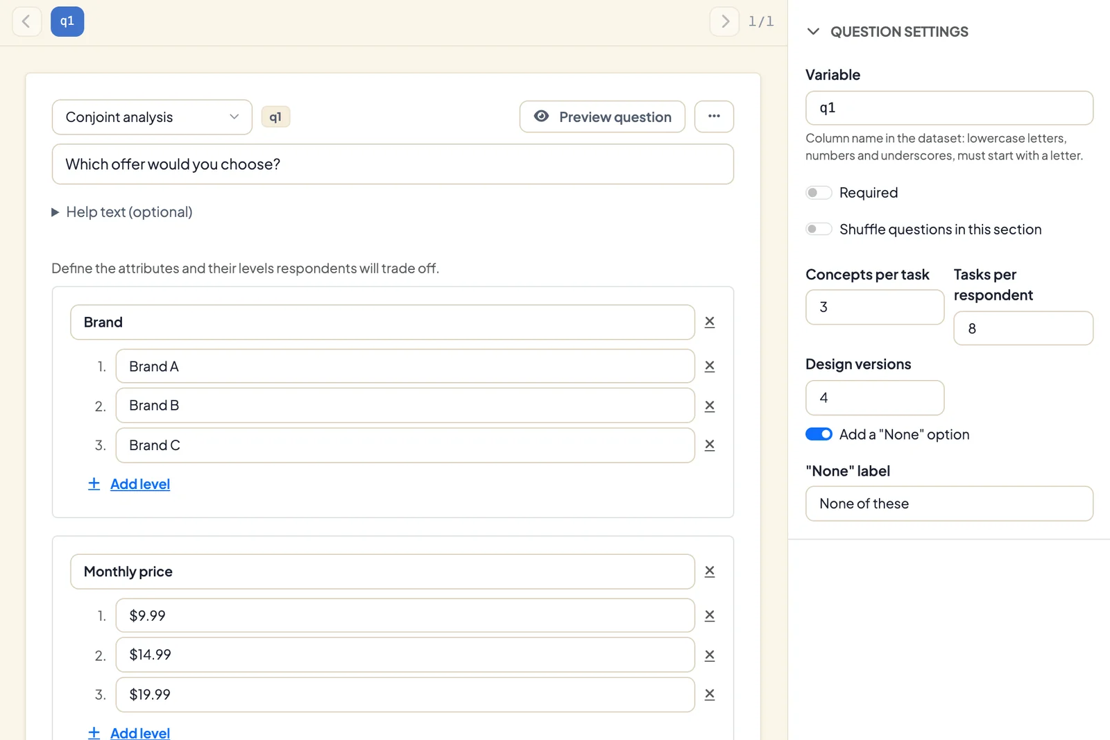 Conjoint question in the survey builder with the attributes Brand and Monthly price and the settings Concepts per task, Tasks per respondent and Design versions