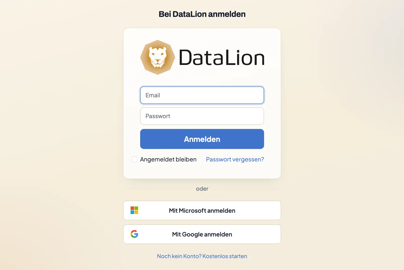 Anmeldeseite von DataLion mit E-Mail- und Passwortfeld sowie den Schaltflächen Mit Microsoft anmelden und Mit Google anmelden