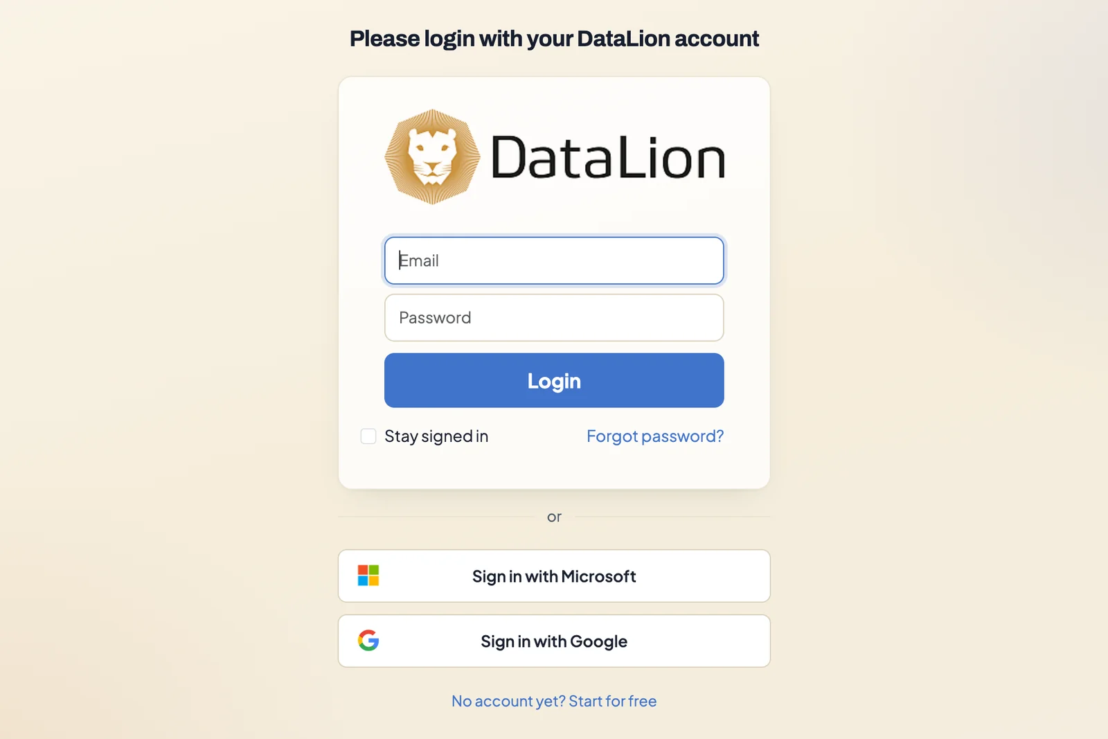 DataLion login page with email and password fields and the Sign in with Microsoft and Sign in with Google buttons