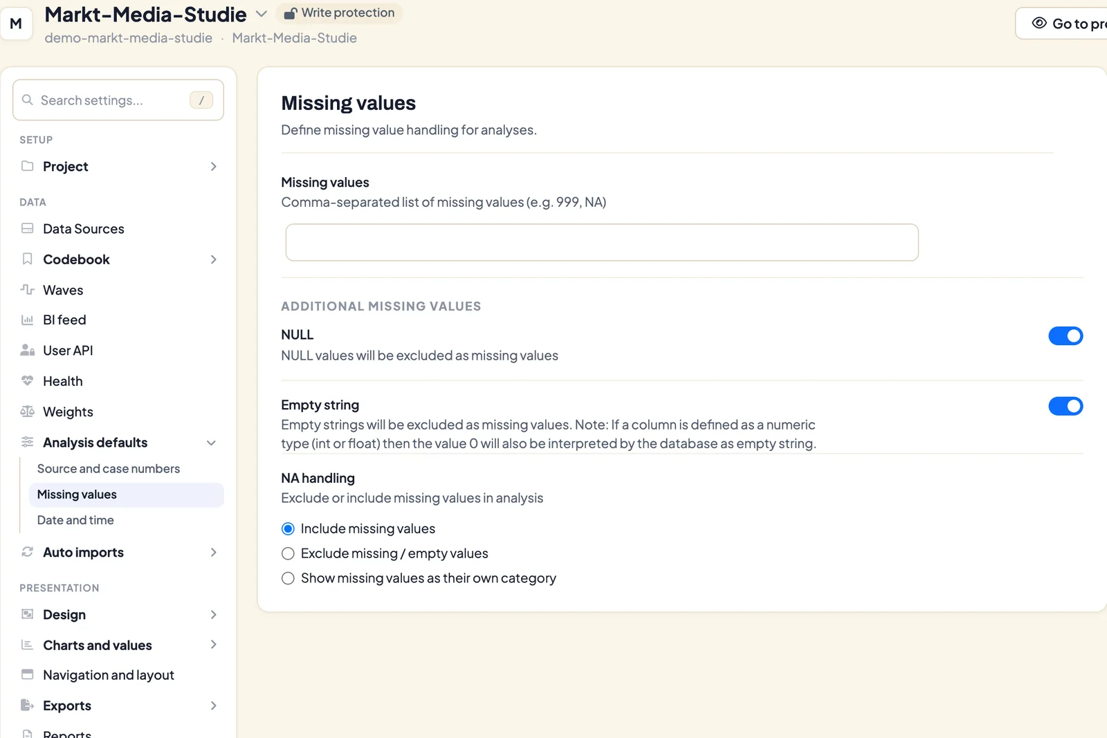 Project settings, Missing values section: list of missing values, switches for NULL and empty string, and the three NA handling options