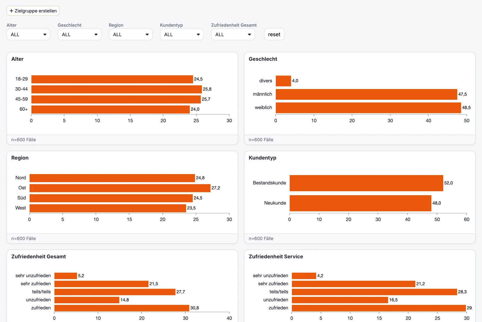 Automatisch erzeugtes Dashboard einer Kundenbefragung mit Filterzeile und Balkencharts zu Alter, Geschlecht, Region, Kundentyp und Zufriedenheit