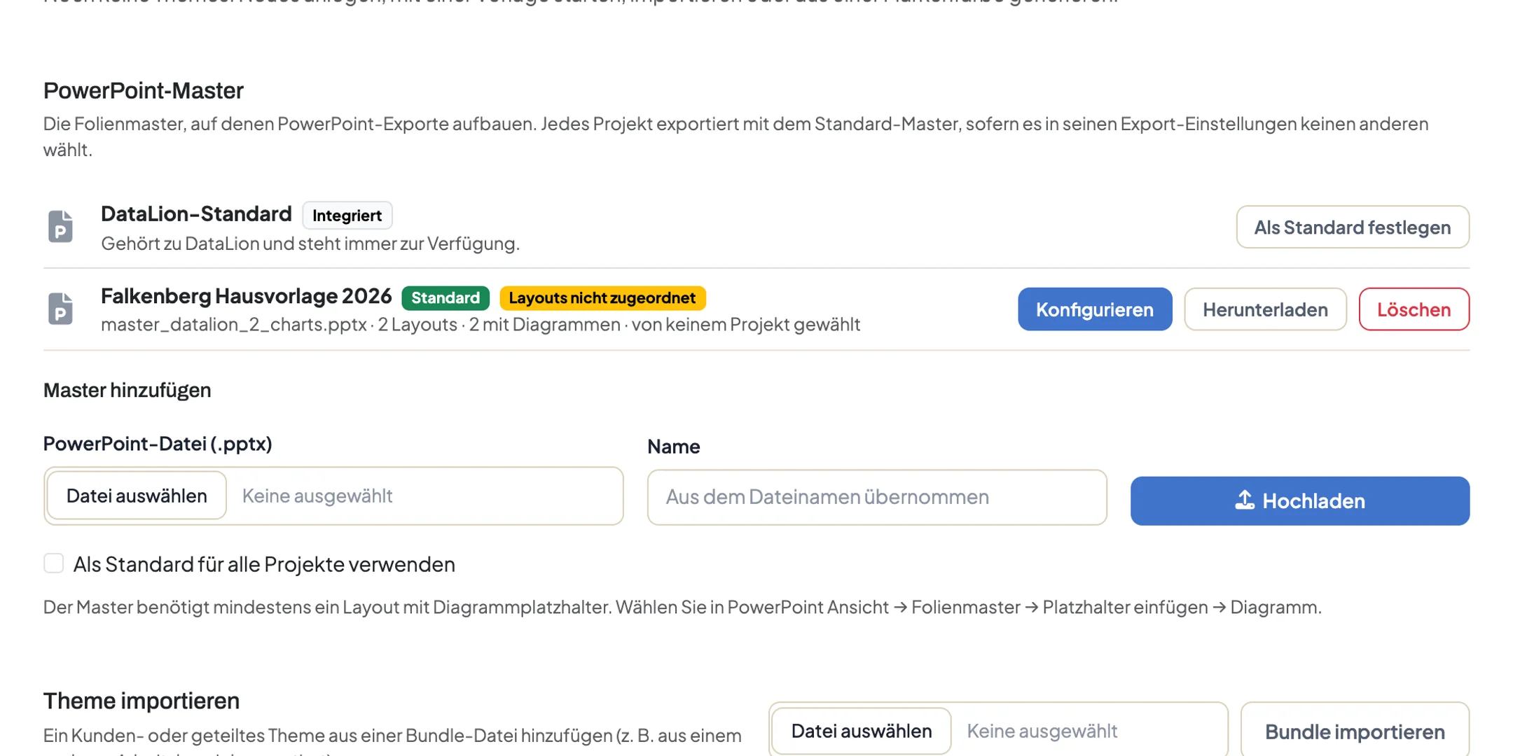Karte PowerPoint-Master im Theme Studio mit dem integrierten DataLion-Standard, einer hochgeladenen Hausvorlage als Standard und dem Formular Master hinzufügen