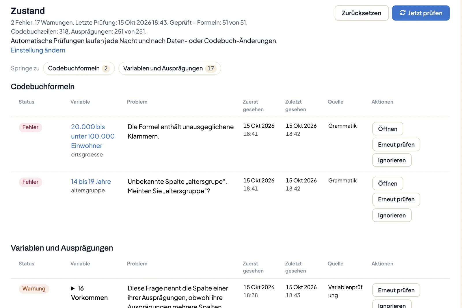 Seite Zustand mit zwei Fehlern in Codebuchformeln, darunter eine unbekannte Spalte mit Vorschlag, und Warnungen zu Variablen und Ausprägungen