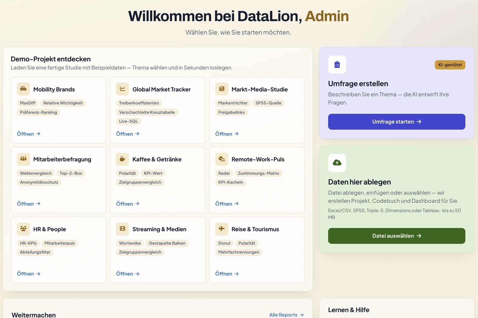 Startseite von DataLion mit der Begrüßung, neun Demo-Projekten und den Kacheln Umfrage erstellen und Daten hier ablegen