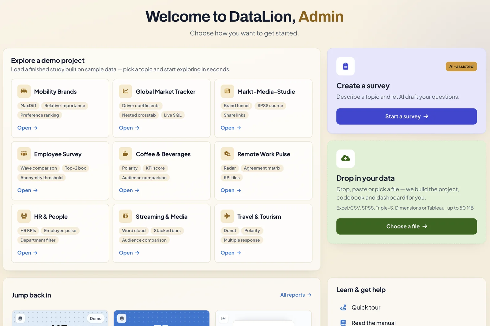 DataLion start page with the welcome line, nine demo projects and the Create a survey and Drop in your data tiles