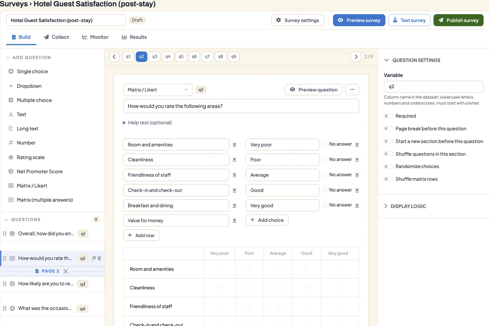 Survey builder with the question palette on the left, a matrix question rating hotel areas in the middle and the question settings on the right