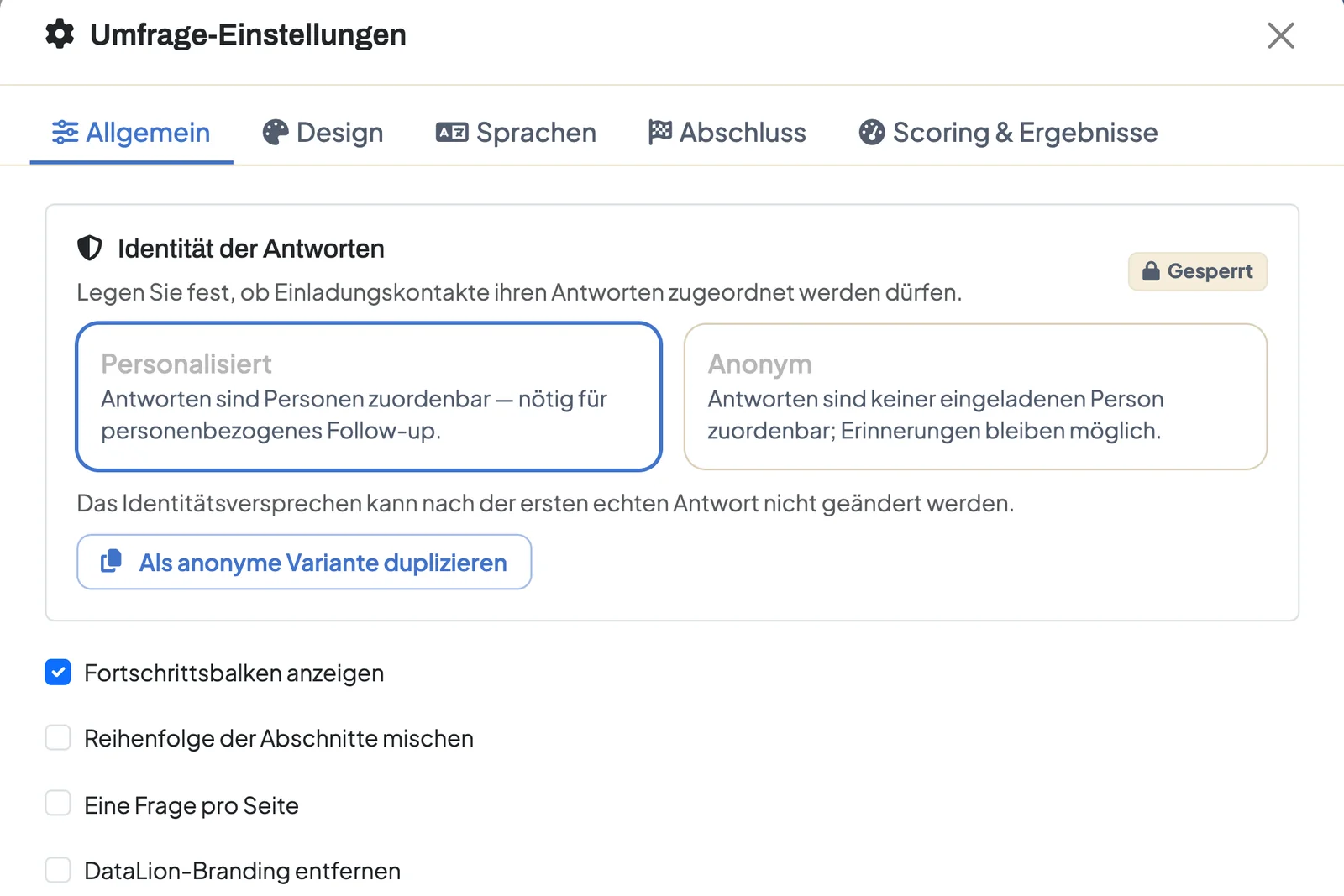 Umfrage-Einstellungen, Reiter Allgemein: Karte Identität der Antworten mit den Optionen Personalisiert und Anonym, gesperrt nach der ersten Antwort
