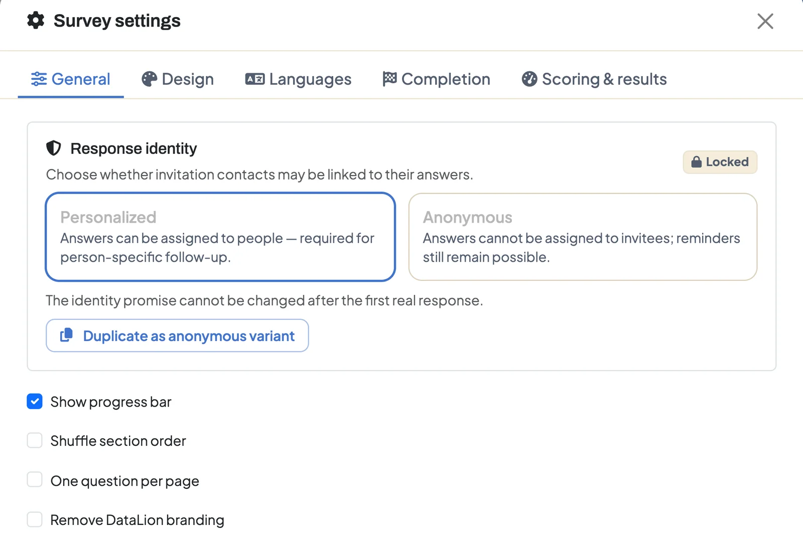 Survey settings, General tab: the Response identity card with the Personalized and Anonymous options, locked after the first response