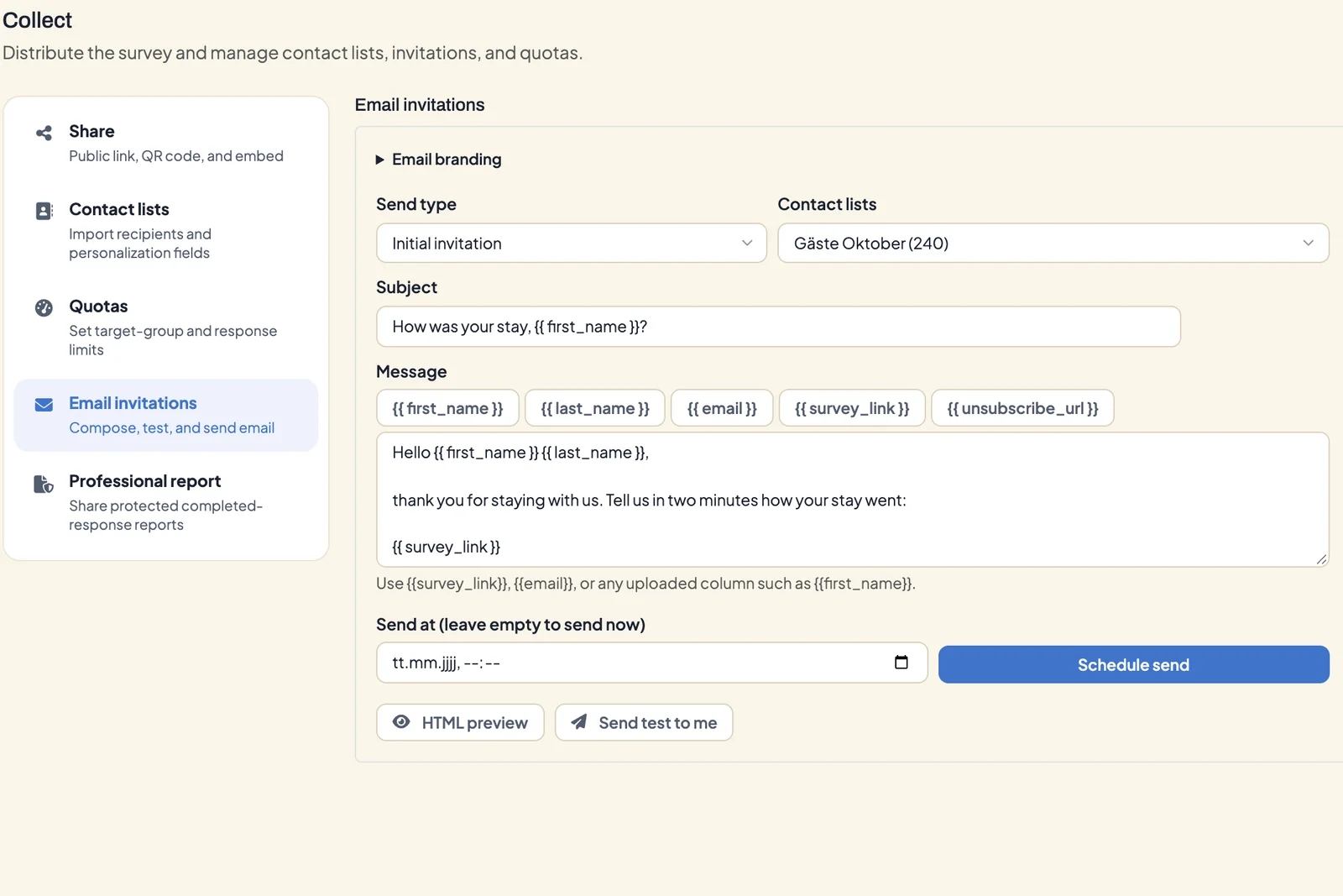 Collect, Email invitations: an initial invitation to the October guests contact list with subject, message and merge fields for first name, last name and survey link