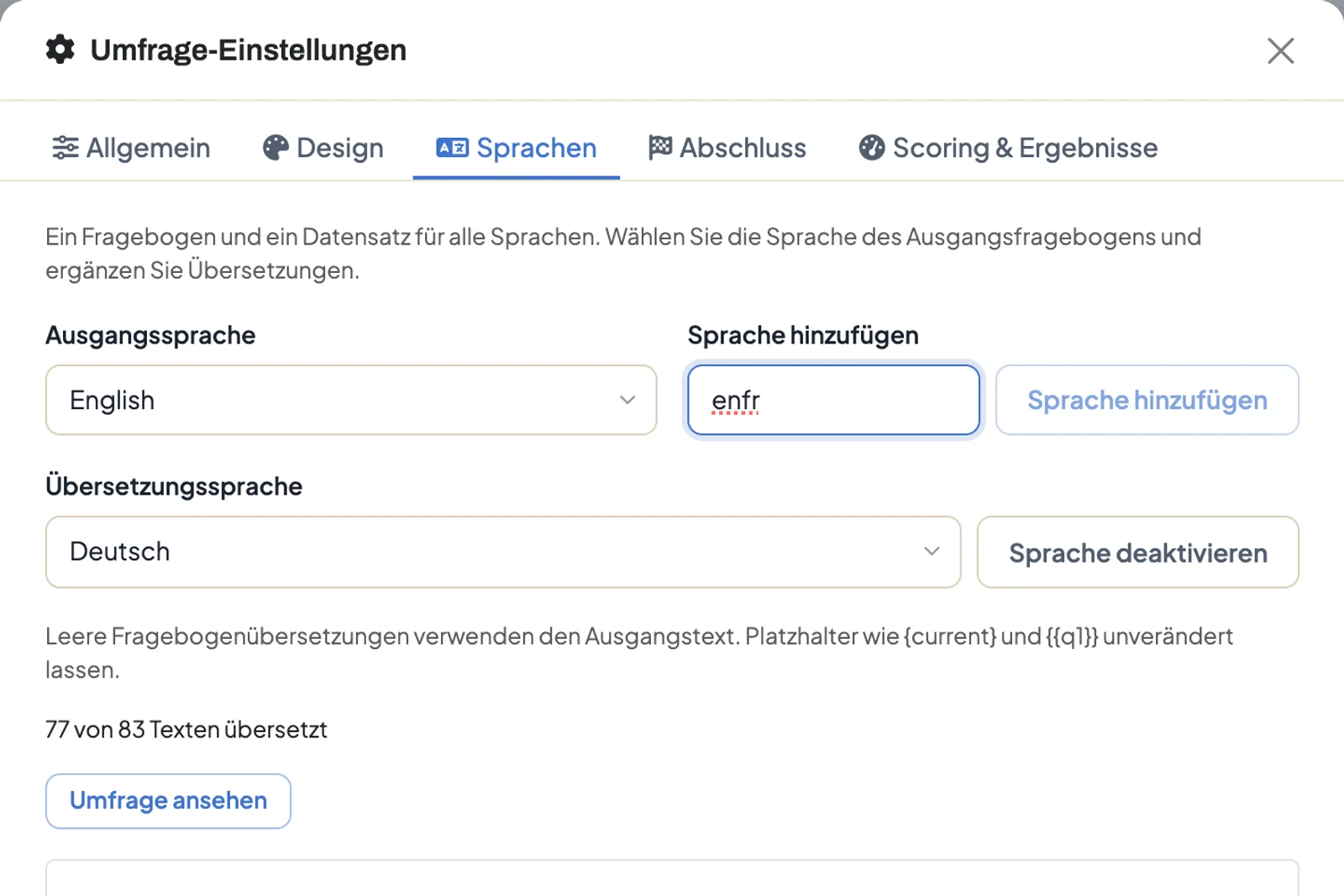 Reiter Sprachen in den Umfrage-Einstellungen mit Ausgangssprache, dem Feld Sprache hinzufügen und dem Übersetzungsstand