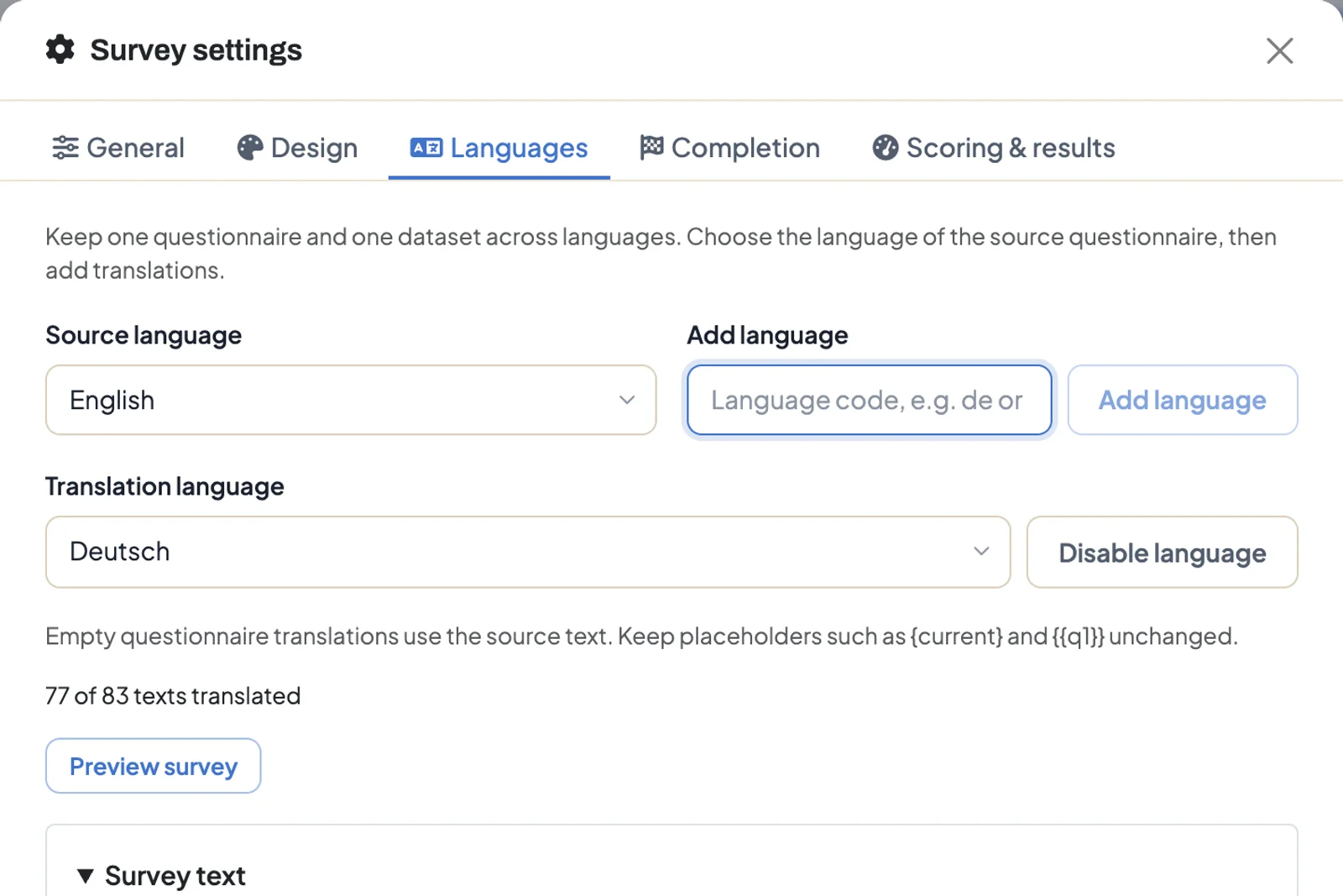 Languages tab in the survey settings with the source language, the Add language field and the translation progress