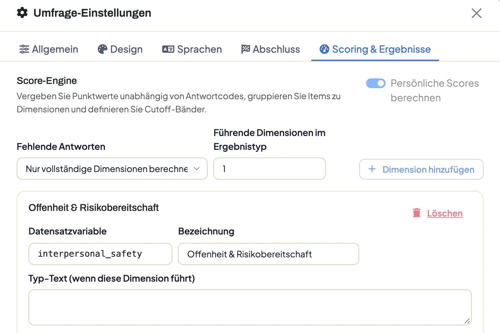 Reiter Scoring & Ergebnisse mit der Score-Engine, der Einstellung für fehlende Antworten und der ersten Dimension mit Datensatzvariable und Aggregation