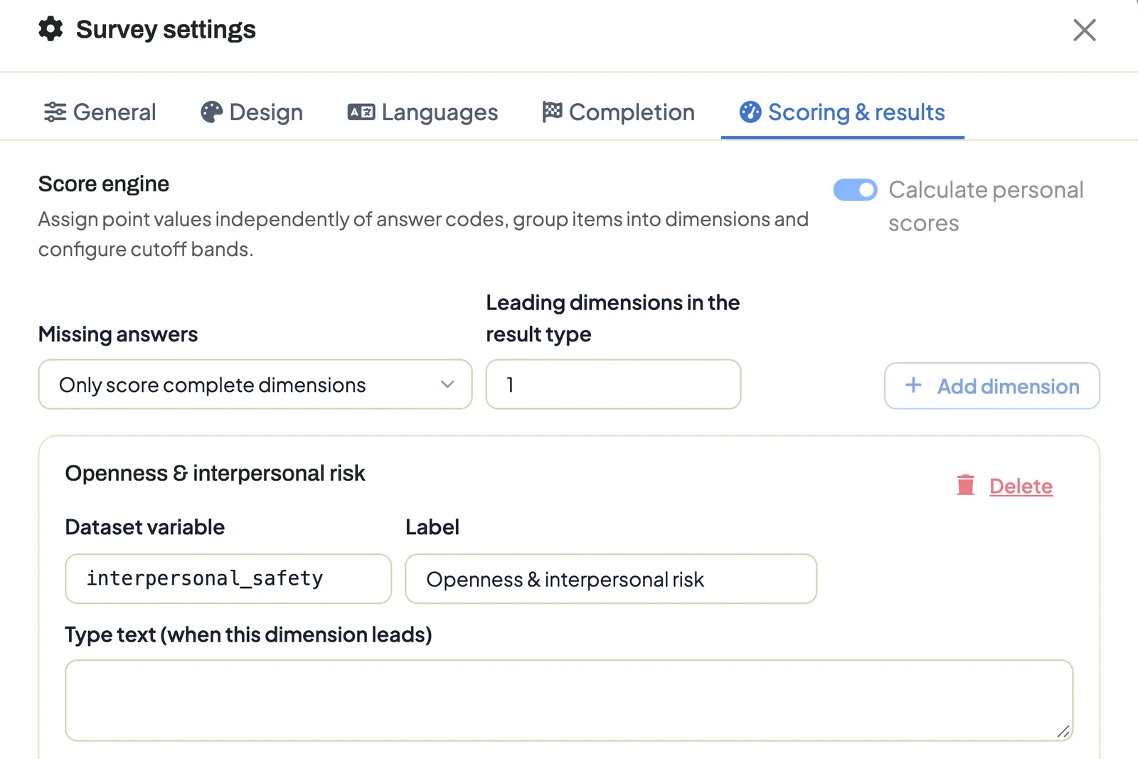 Scoring & results tab with the score engine, the missing-answers setting and the first dimension with its dataset variable and aggregation