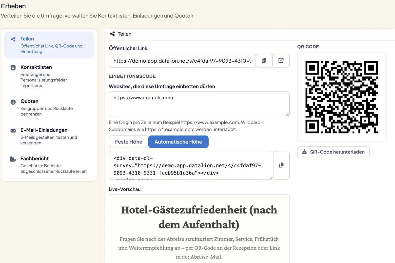 Bereich Erheben, Teilen: öffentlicher Link, eine erlaubte Website für die Einbettung, Einbettungscode mit automatischer Höhe, QR-Code und Live-Vorschau