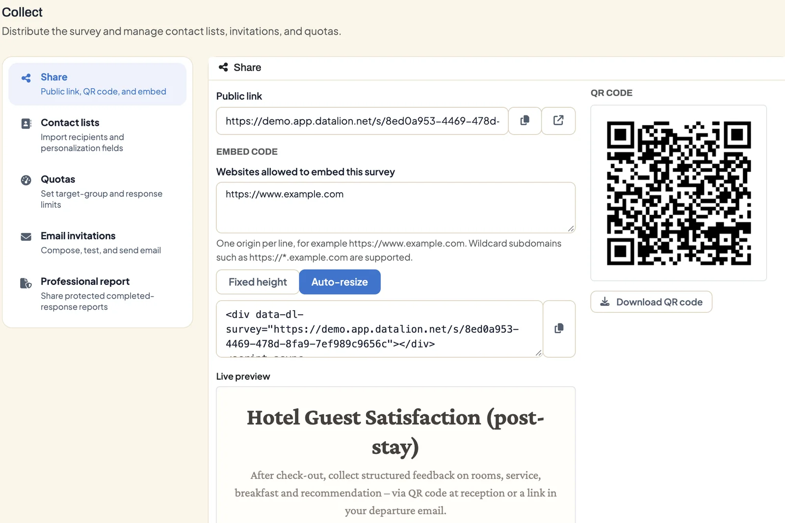 Collect, Share: public link, one website allowed to embed the survey, auto-resize embed code, QR code and live preview