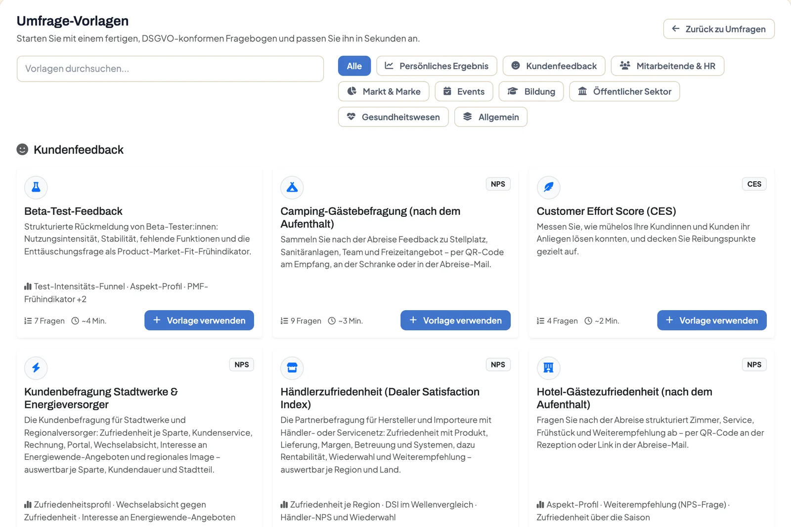 Galerie der Umfrage-Vorlagen in DataLion mit Suchfeld, Kategoriefiltern und den ersten Vorlagen aus dem Bereich Kundenfeedback