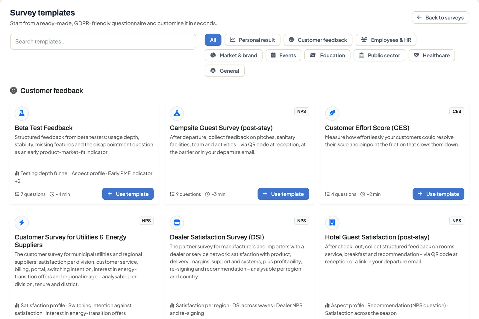 DataLion survey template gallery with a search field, category filters and the first customer feedback templates