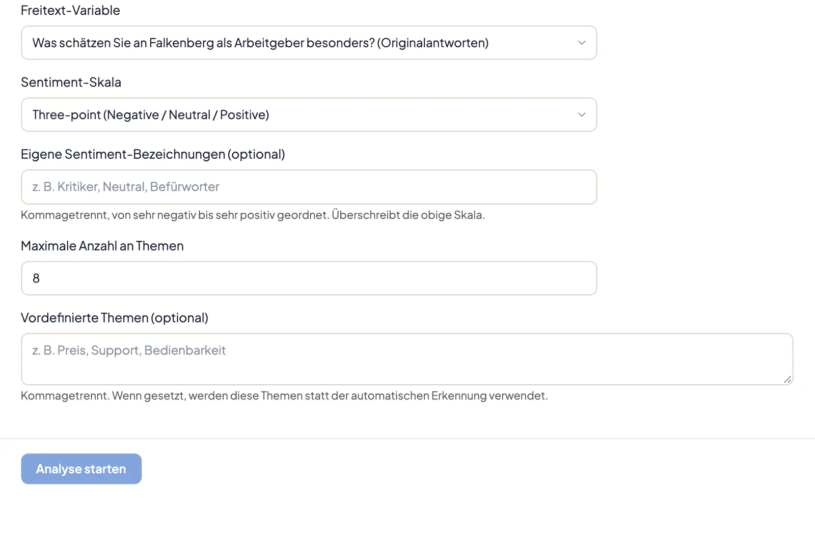 Formular der Textanalyse mit Freitext-Variable, Sentiment-Skala, eigenen Bezeichnungen, maximaler Zahl an Themen und vordefinierten Themen