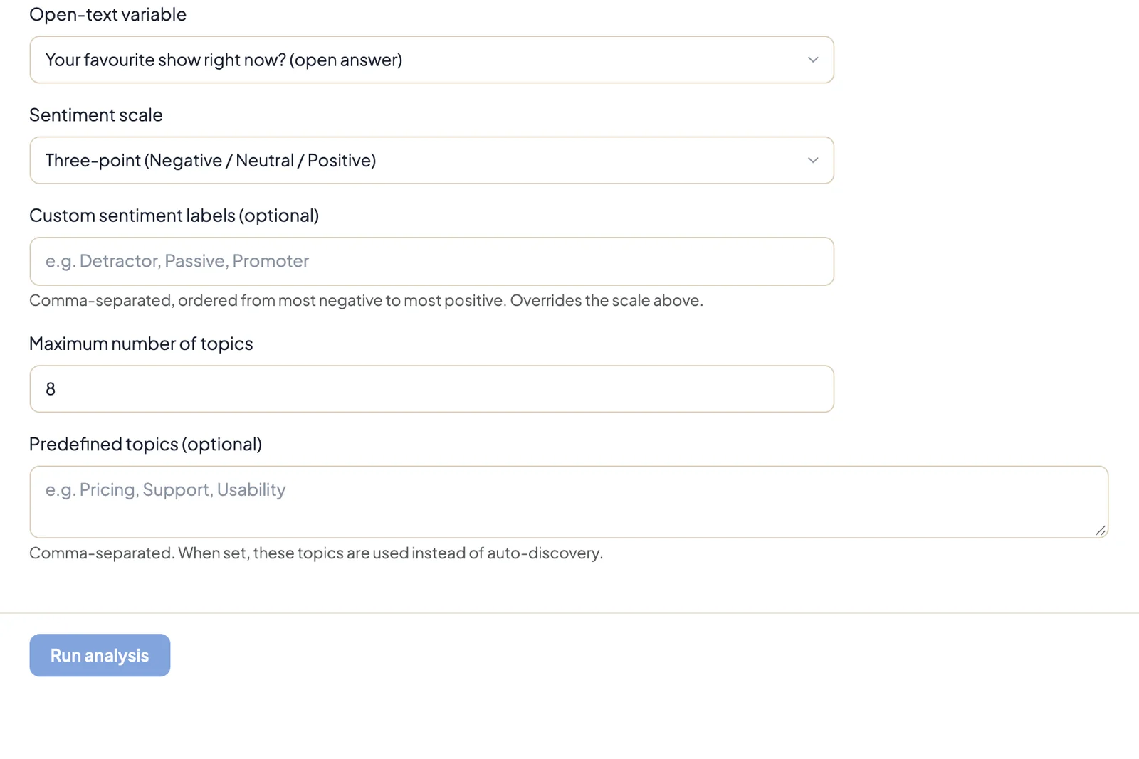 Text analytics form with the open-text variable, sentiment scale, custom labels, maximum number of topics and predefined topics