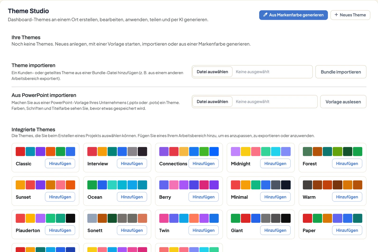 Startseite des Theme Studio mit Ihre Themes, Theme importieren, Aus PowerPoint importieren und den integrierten Themes