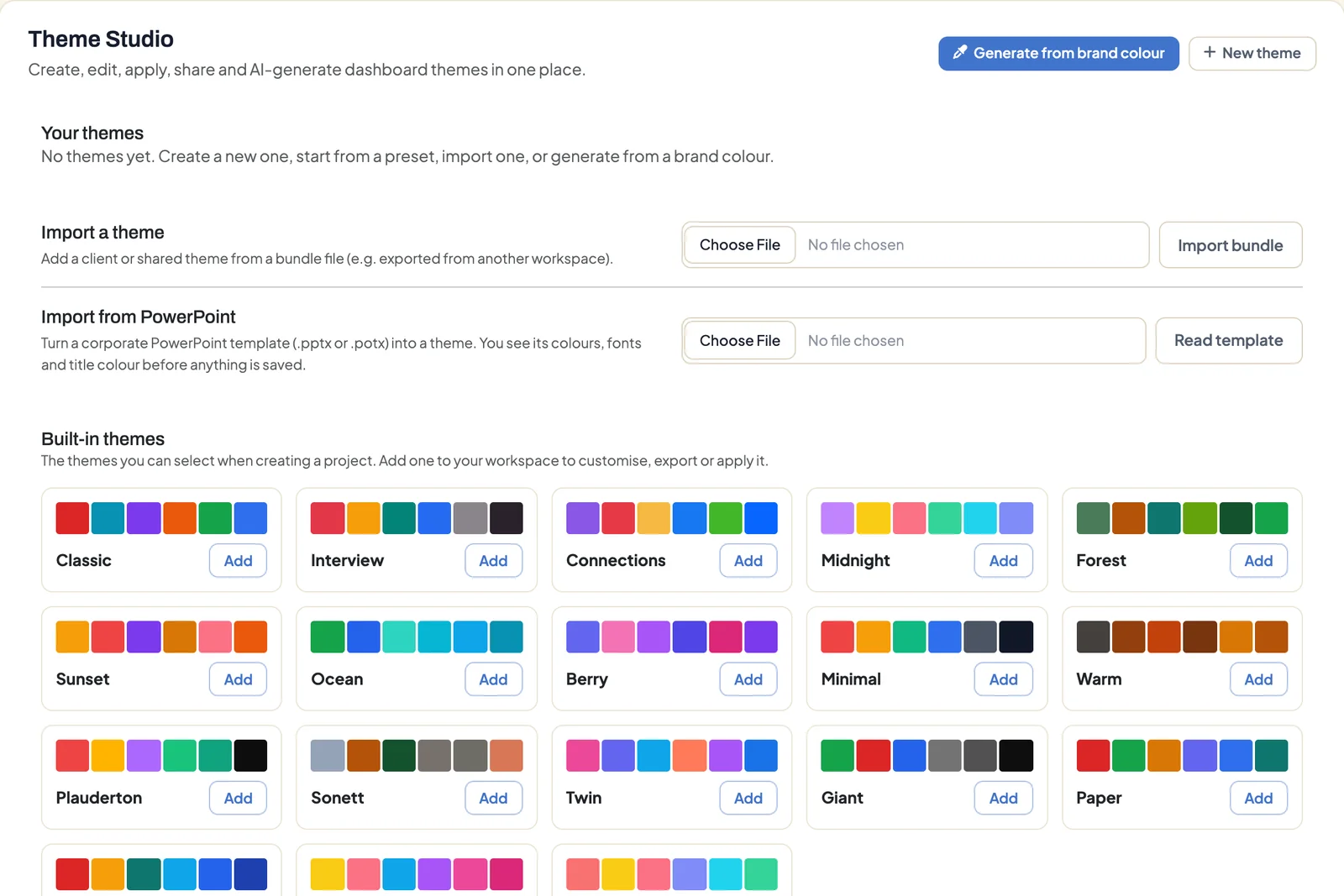 Theme Studio home with Your themes, Import a theme, Import from PowerPoint and the built-in themes