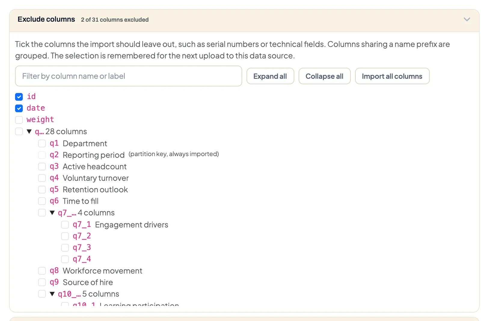 Exclude columns section in the upload preview with grouped columns and the filter field