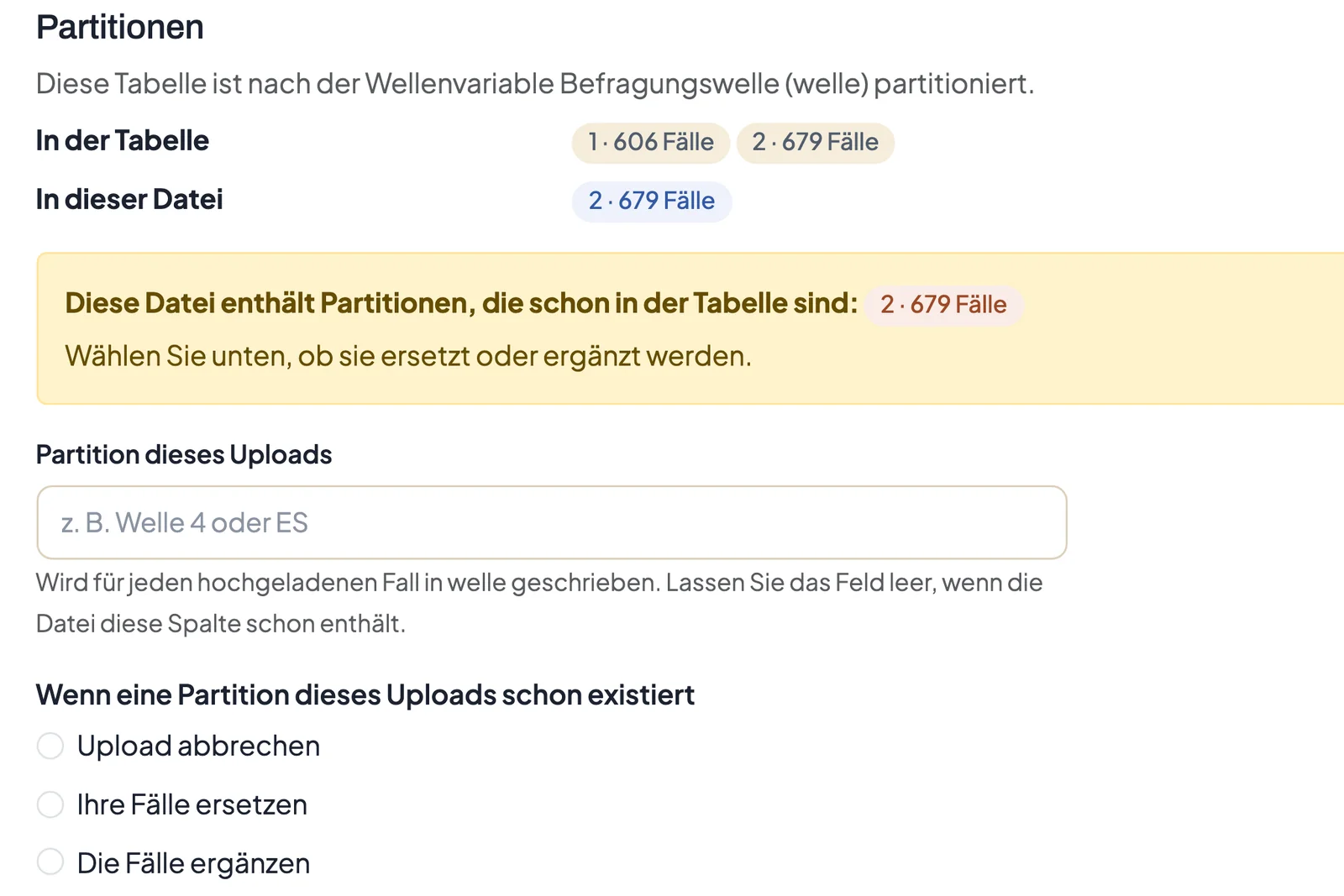 Upload-Vorschau in DataLion: Die Welle 2026 steckt schon in der Tabelle, zur Wahl stehen Abbrechen, Ersetzen, Ergänzen